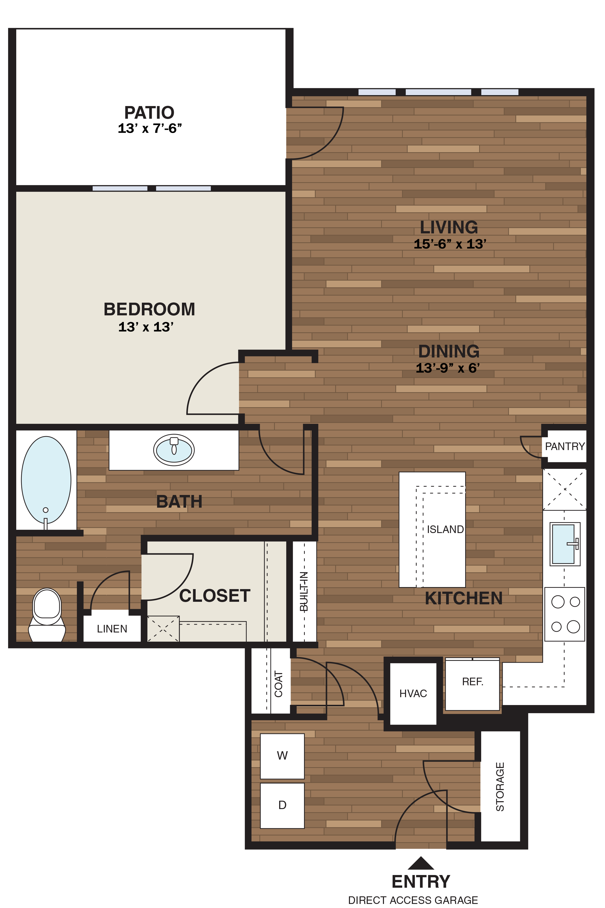 Floor plan for 1 bed, 1 bath, 954 sqft